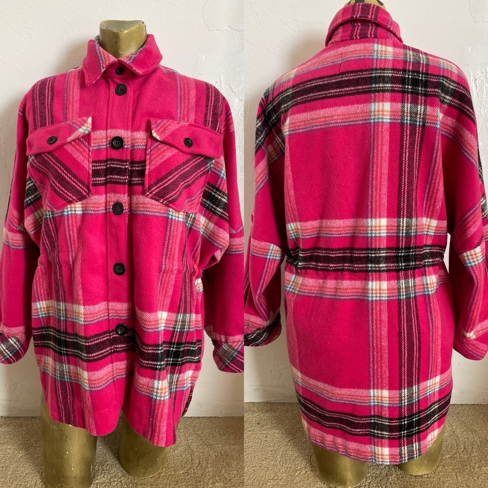 FREE PEOPLE Pink & Lime DOWN FOR YOU Plaid Shacket JACKET Size XS - Picture 3 of 16